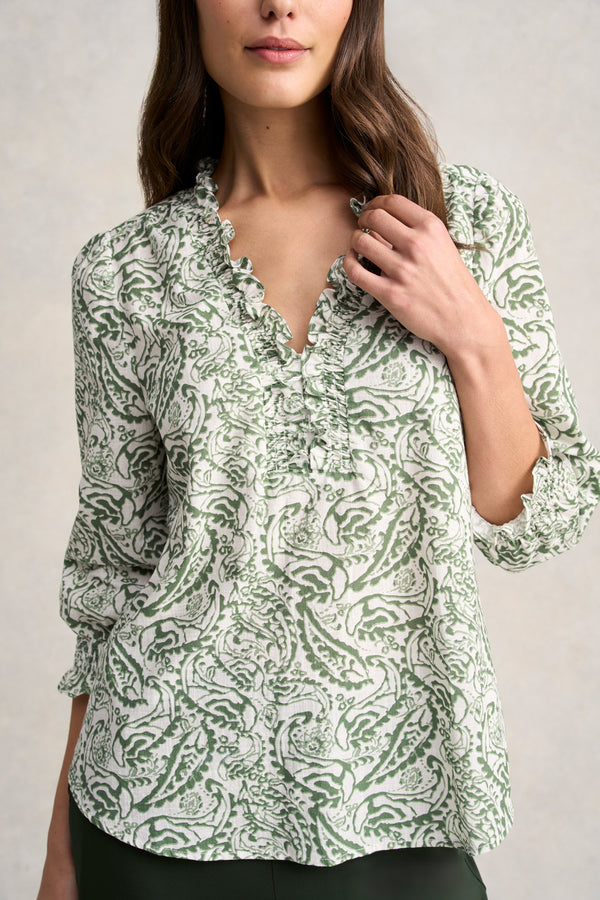 Ruffle Cotton Top - Khaki and White Paisley Print