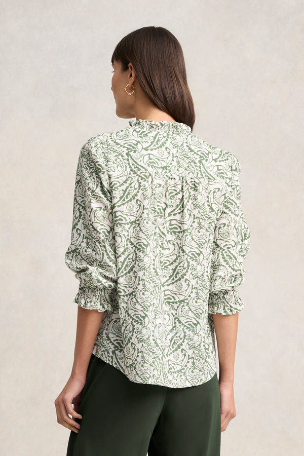 Ruffle Cotton Top - Khaki and White Paisley Print