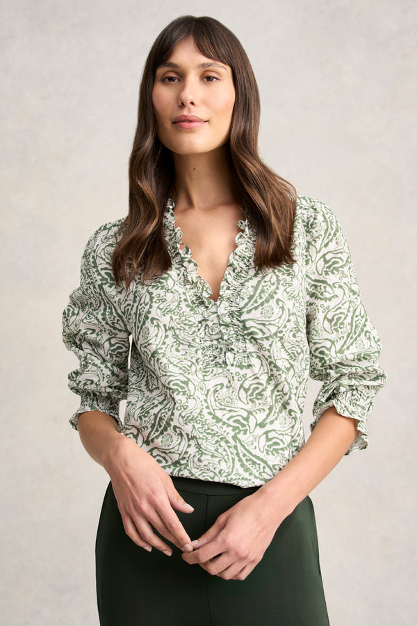 Ruffle Cotton Top - Khaki and White Paisley Print