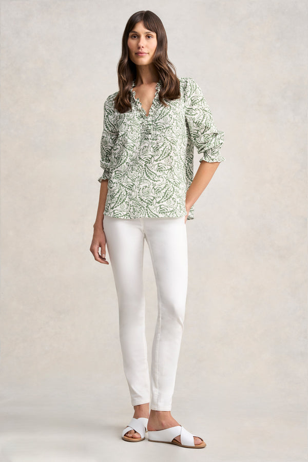 Ruffle Cotton Top - Khaki and White Paisley Print