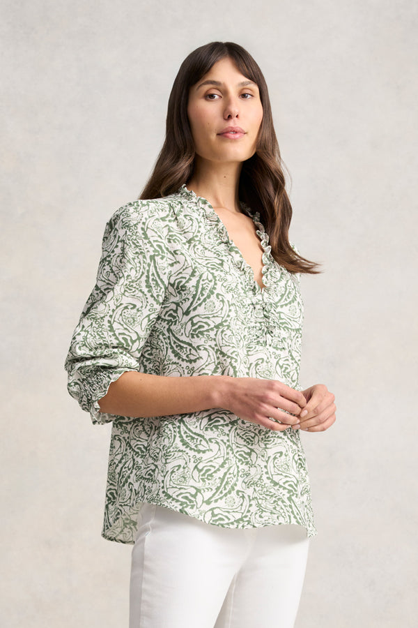 Ruffle Cotton Top - Khaki and White Paisley Print