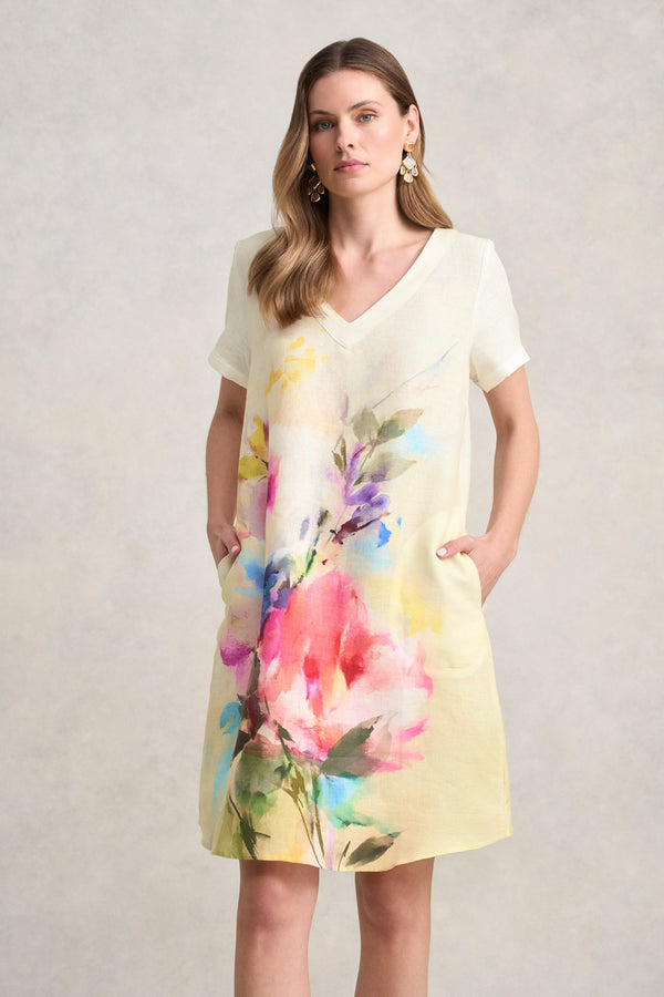 V-Neck Linen Dress - Watercolour Floral