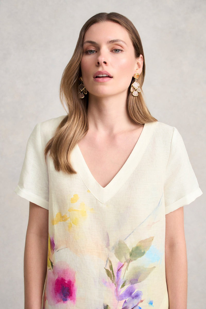 V-Neck Linen Dress - Watercolour Floral