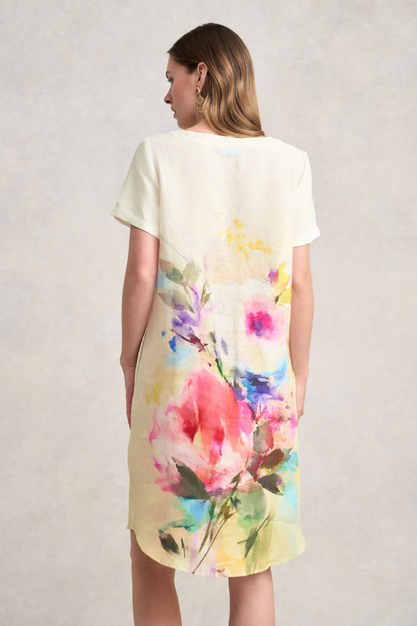 V-Neck Linen Dress - Watercolour Floral