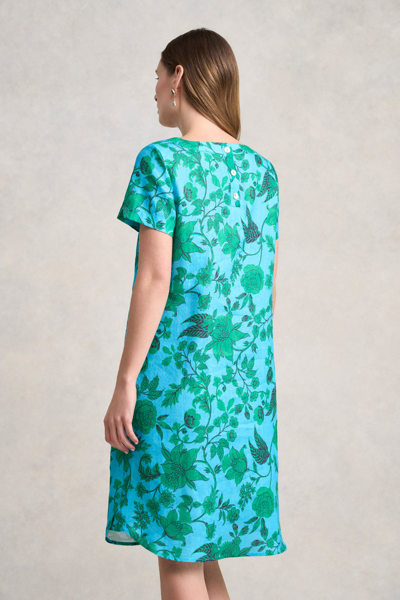 French Linen Shift Dress - Emerald Floral