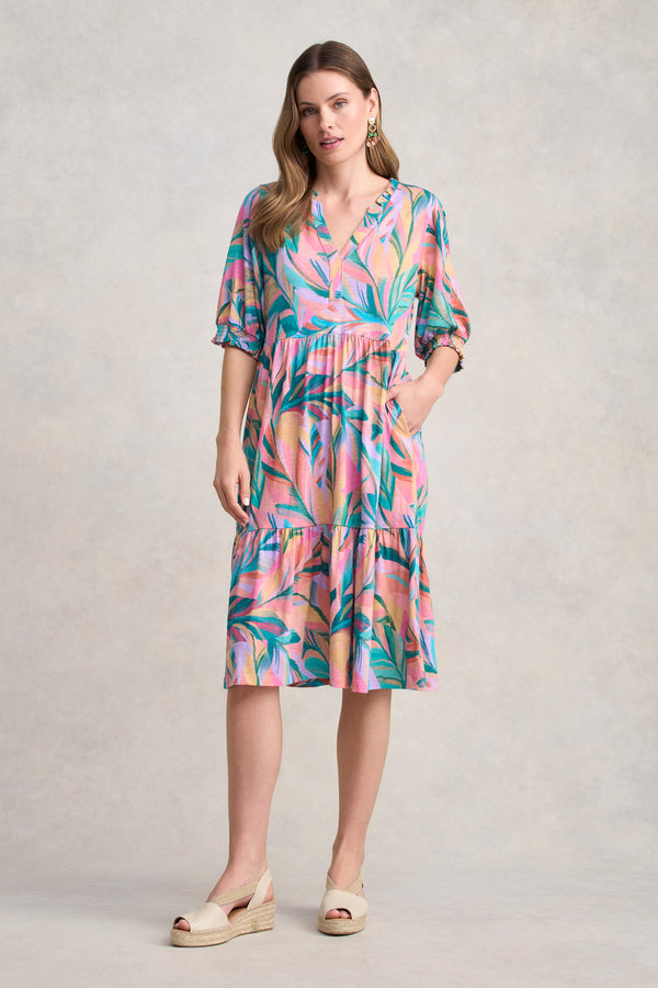 Jersey Tiered Dress - Multi Palm Print