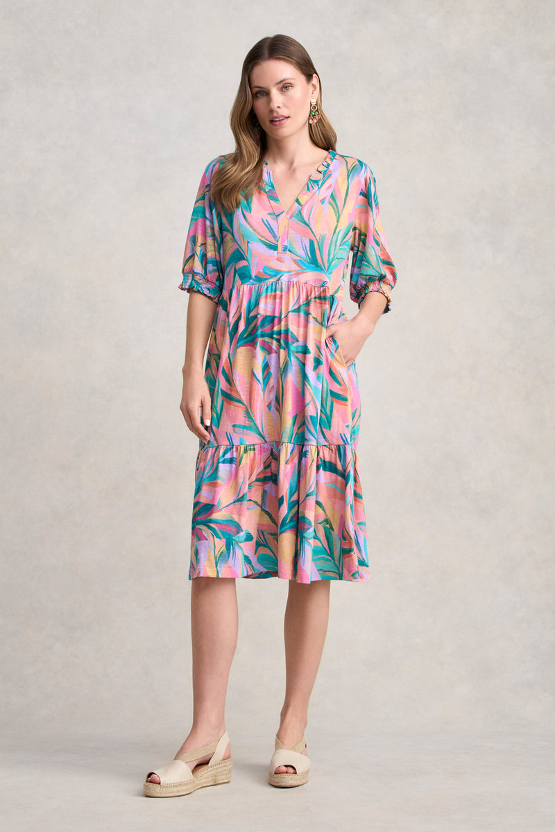 Jersey Tiered Dress - Multi Palm Print