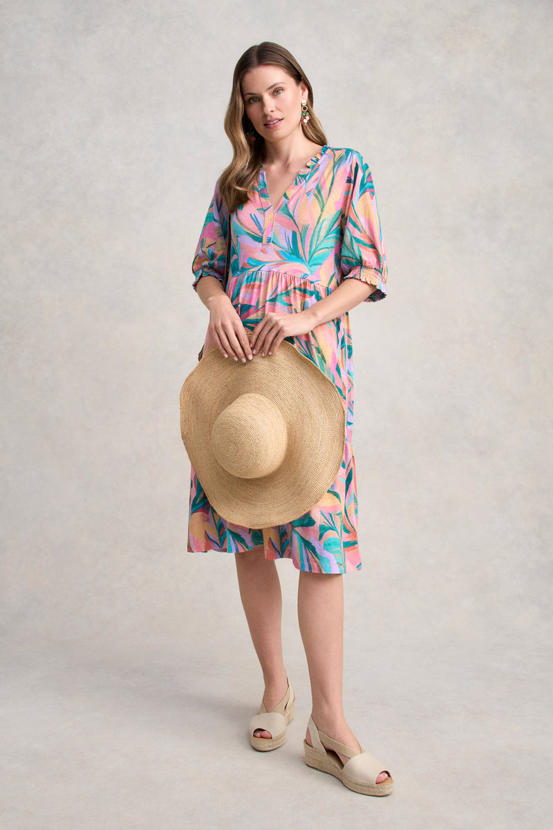 Jersey Tiered Dress - Multi Palm Print