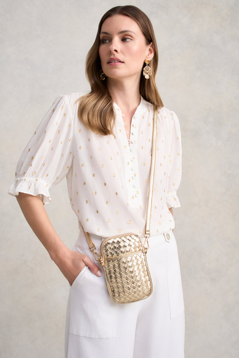 Woven Leather Phone Bag - Gold