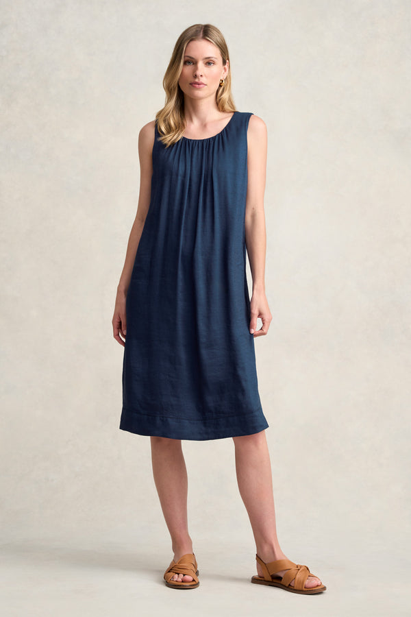 LINEN SILK MIDI DRESS - NAVY