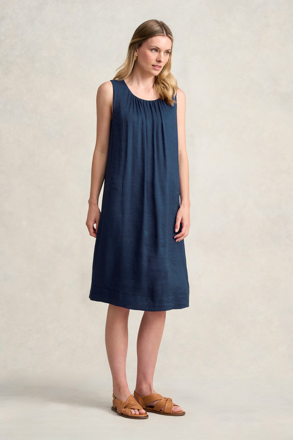 LINEN SILK MIDI DRESS - NAVY