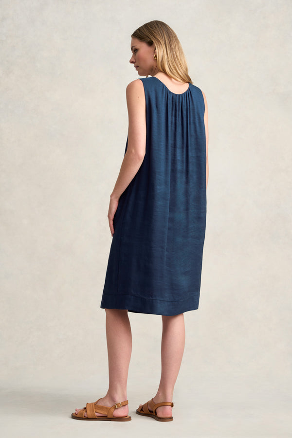 LINEN SILK MIDI DRESS - NAVY