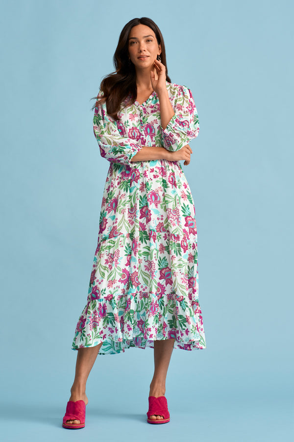 Printed Tiered Dress - Textured Floral Print