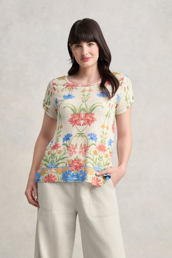 Twist Sleeve Linen T-Shirt - Paradise Print