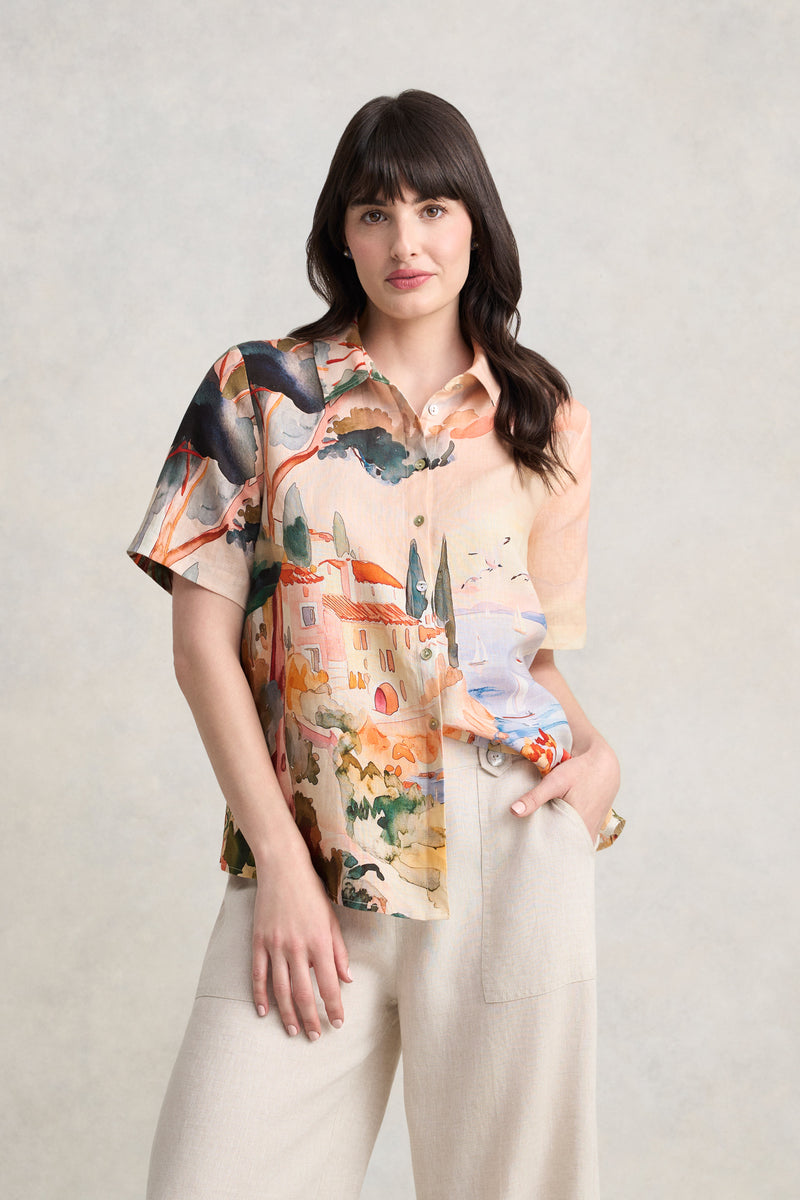 Scenic Print Linen Shirt - Coastal Scenic Print