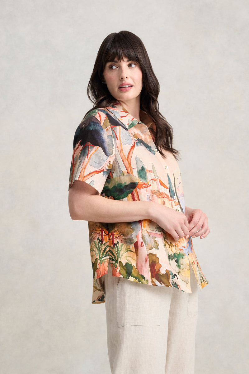 Scenic Print Linen Shirt - Coastal Scenic Print