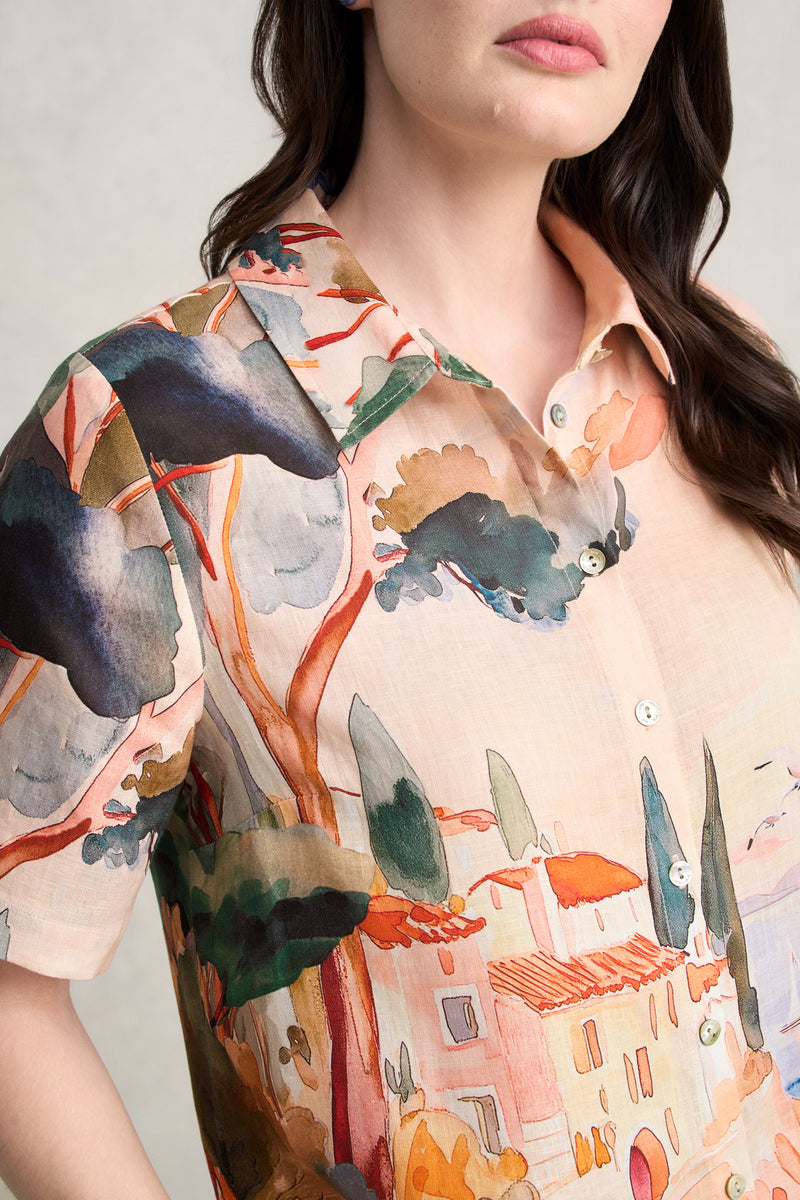 Scenic Print Linen Shirt - Coastal Scenic Print