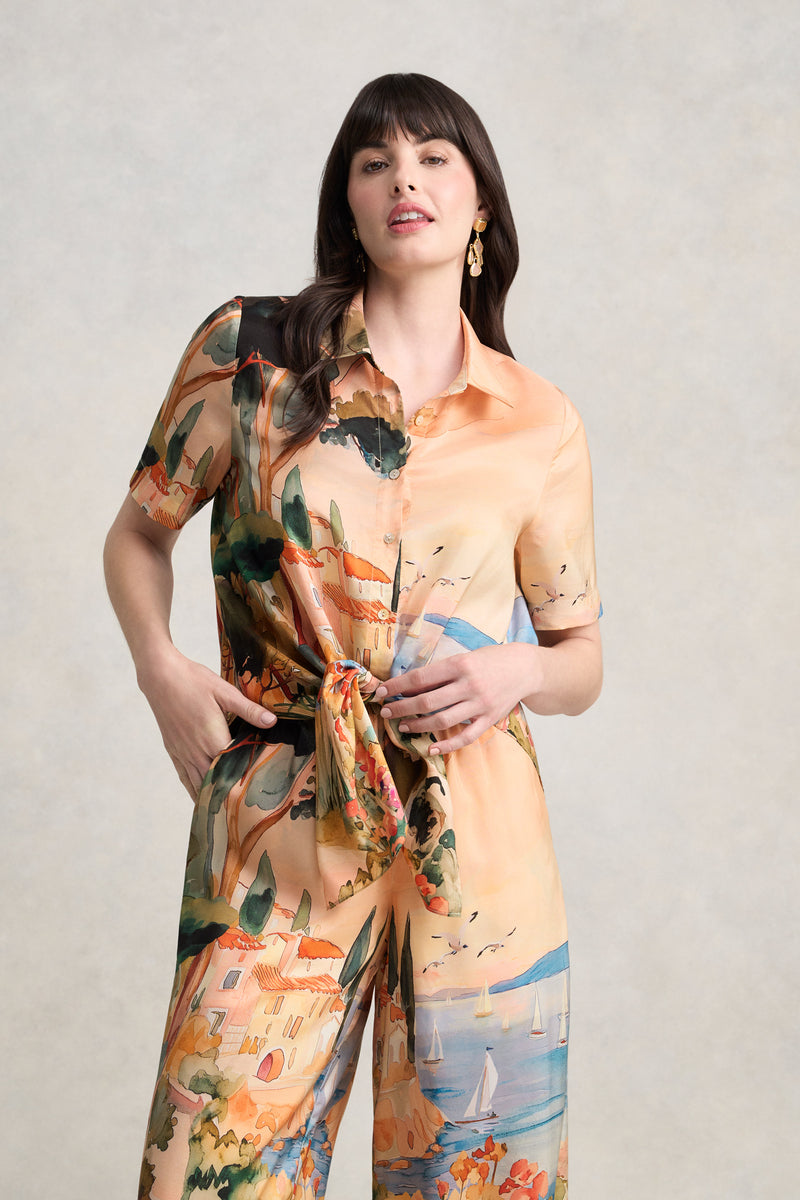 Scenic Print Silk Shirt - Coastal Scenic Print