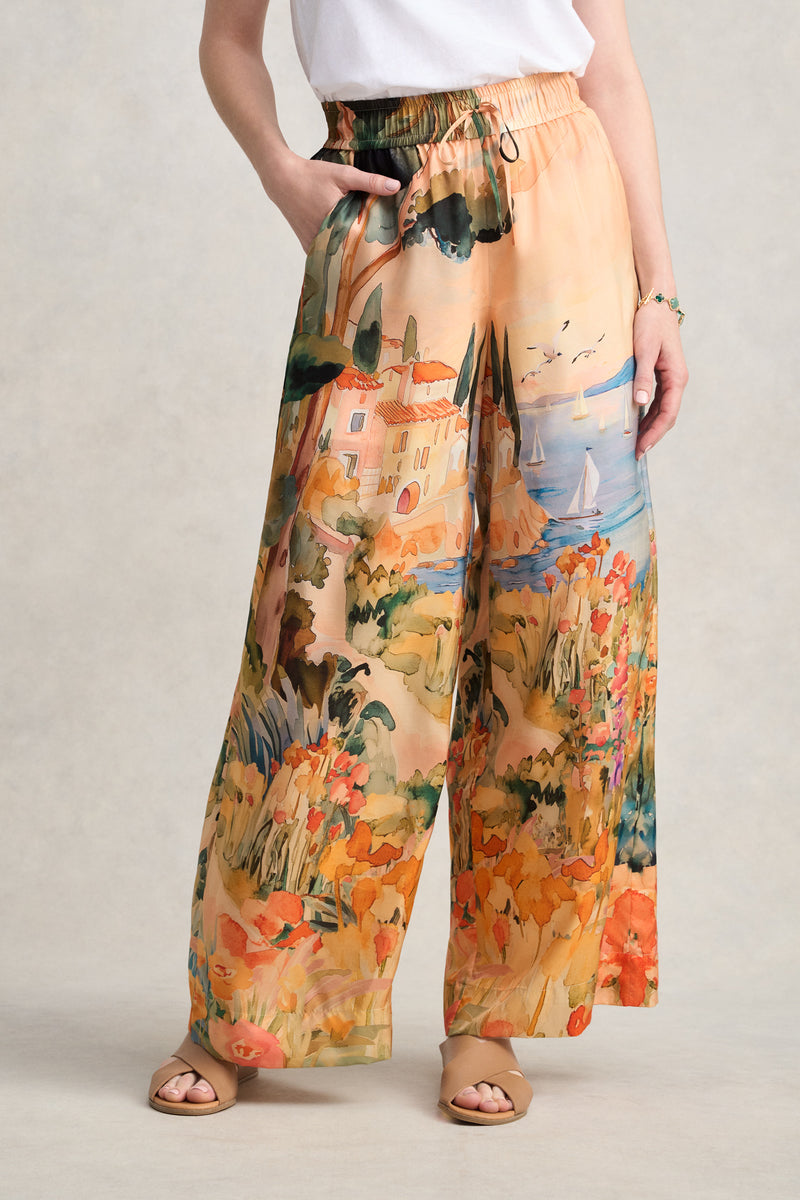 Scenic Print Silk Pant - Coastal Scenic Print
