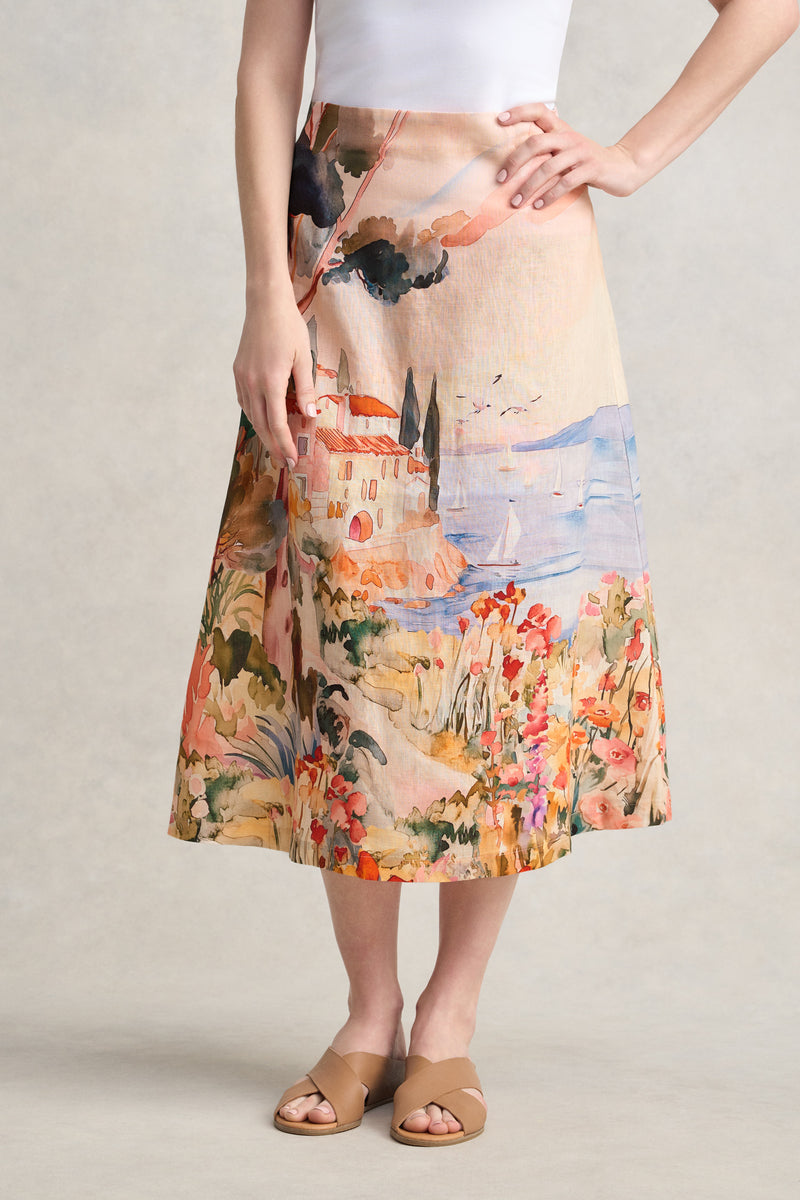 Scenic Linen Skirt - Coastal Scenic Print