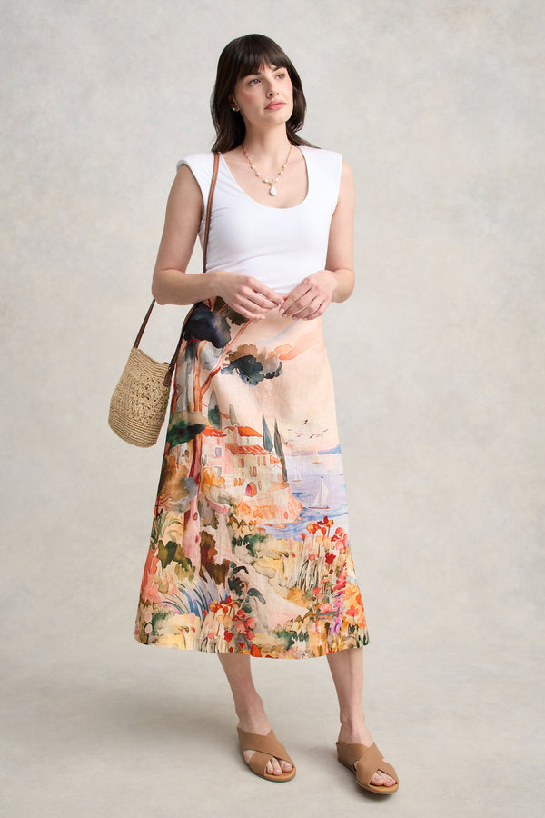Scenic Linen Skirt - Coastal Scenic Print