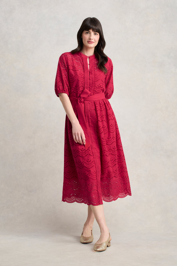 Cotton Broderie Dress - Brick Red