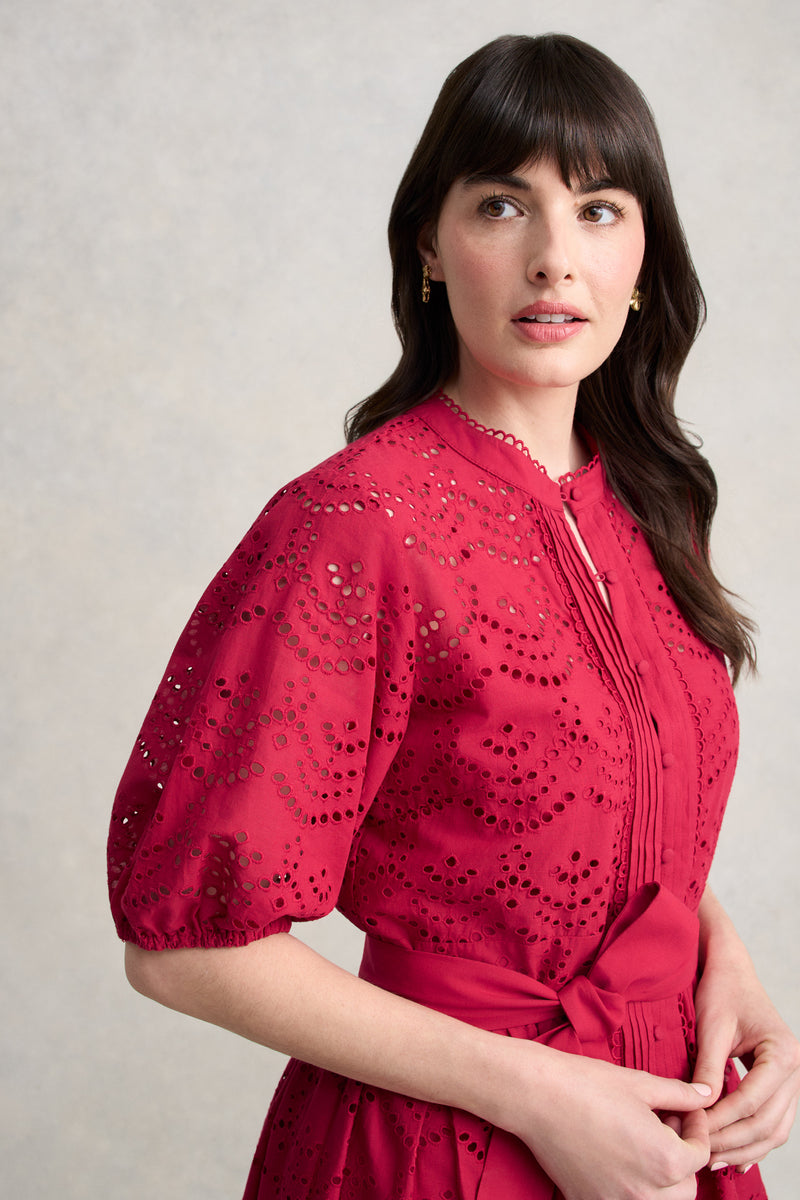 Cotton Broderie Dress - Brick Red