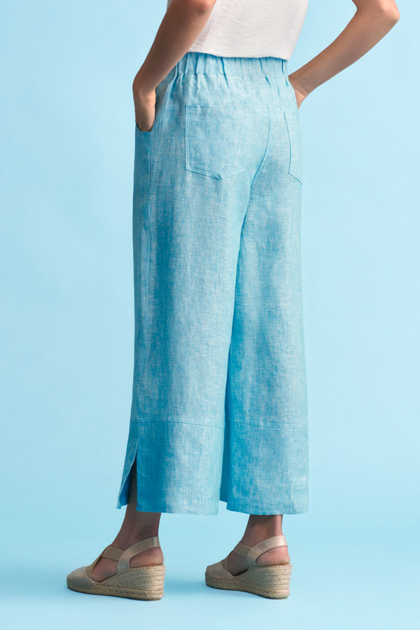 Wide Leg Pants with Side Slit and Elastic Waistband - Blue