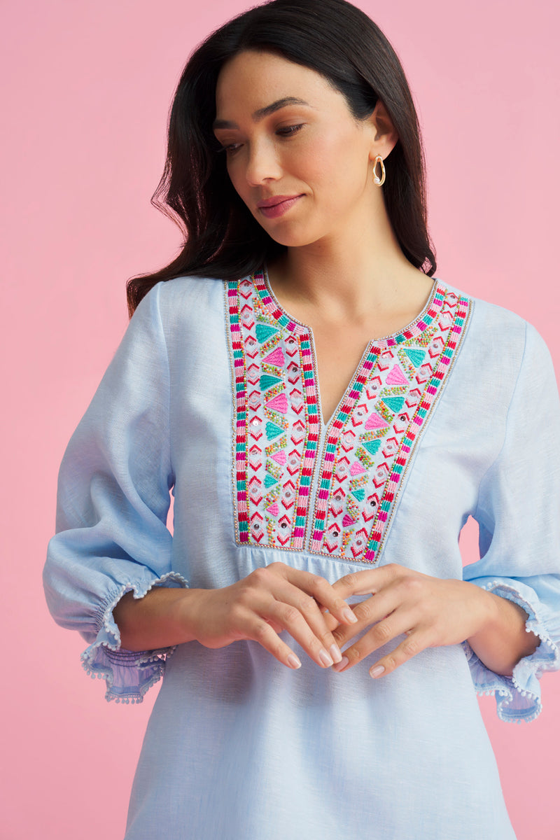 Embellished Tunic - Aqua Cross Dye