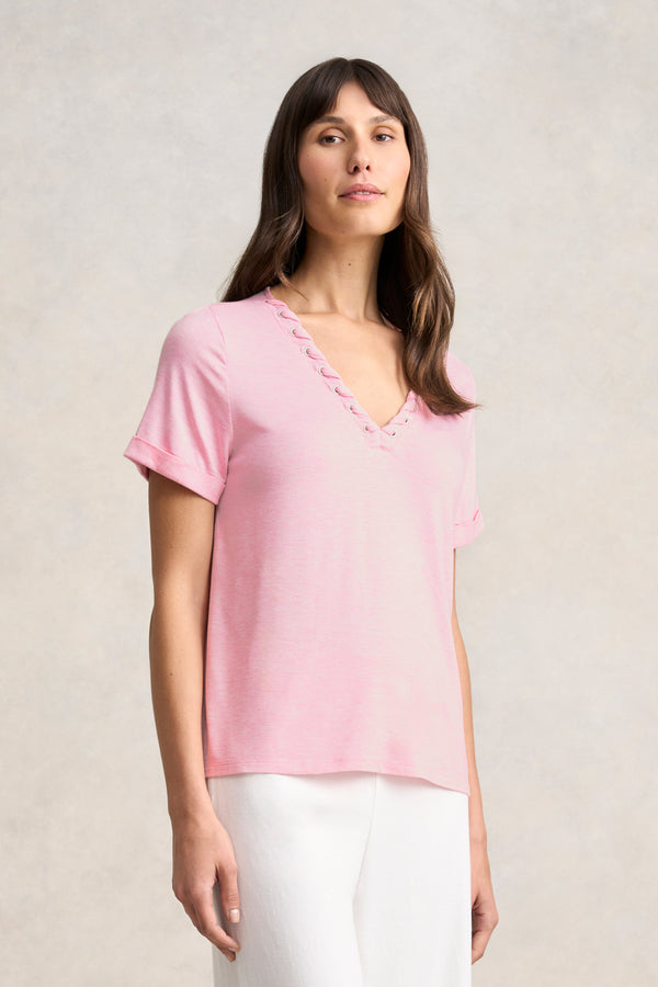 Eyelet Detail T-Shirt- Pink Marle