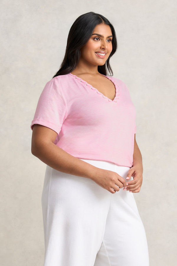 Eyelet Detail T-Shirt- Pink Marle