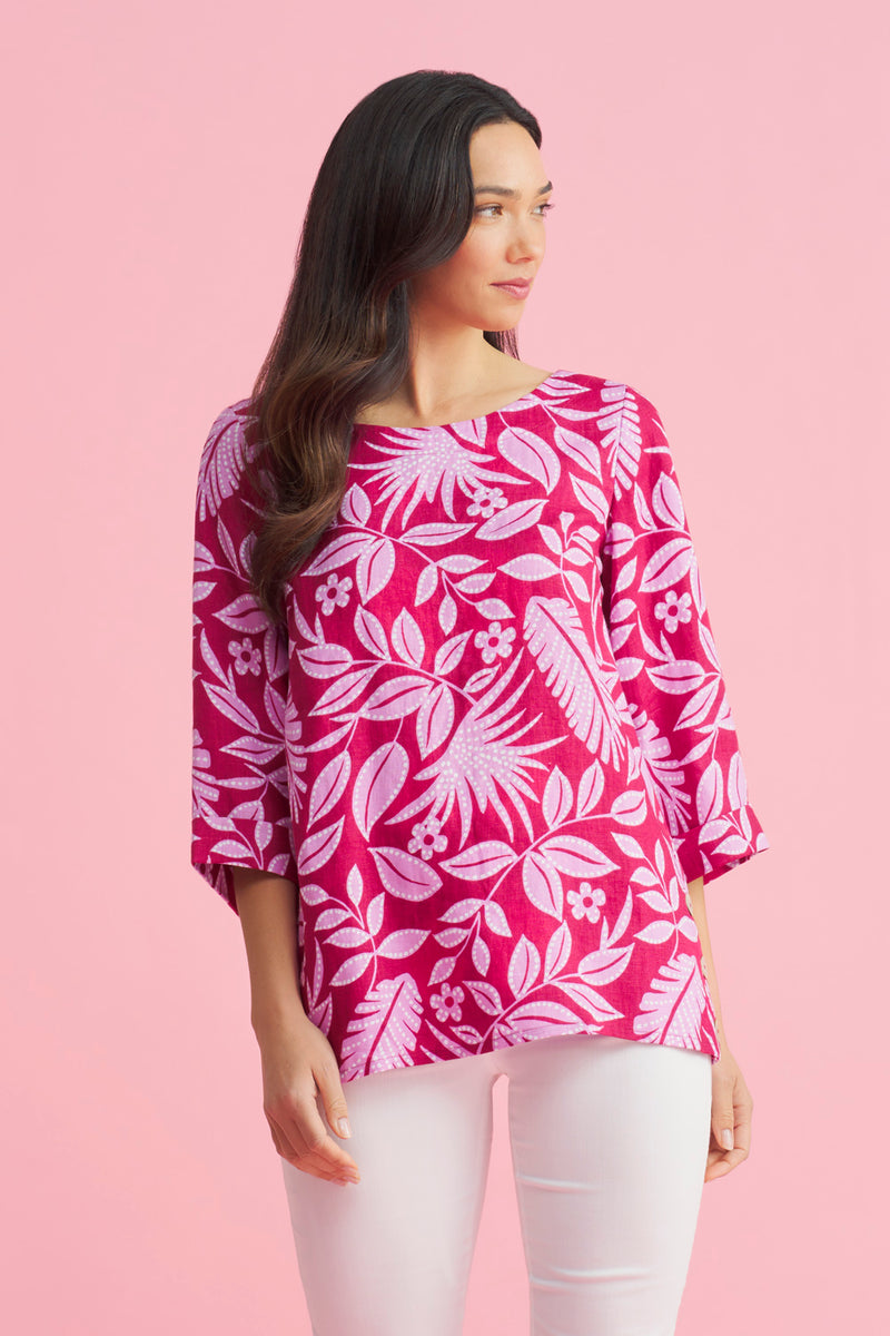 French Linen Button Detail Top - Holiday Print