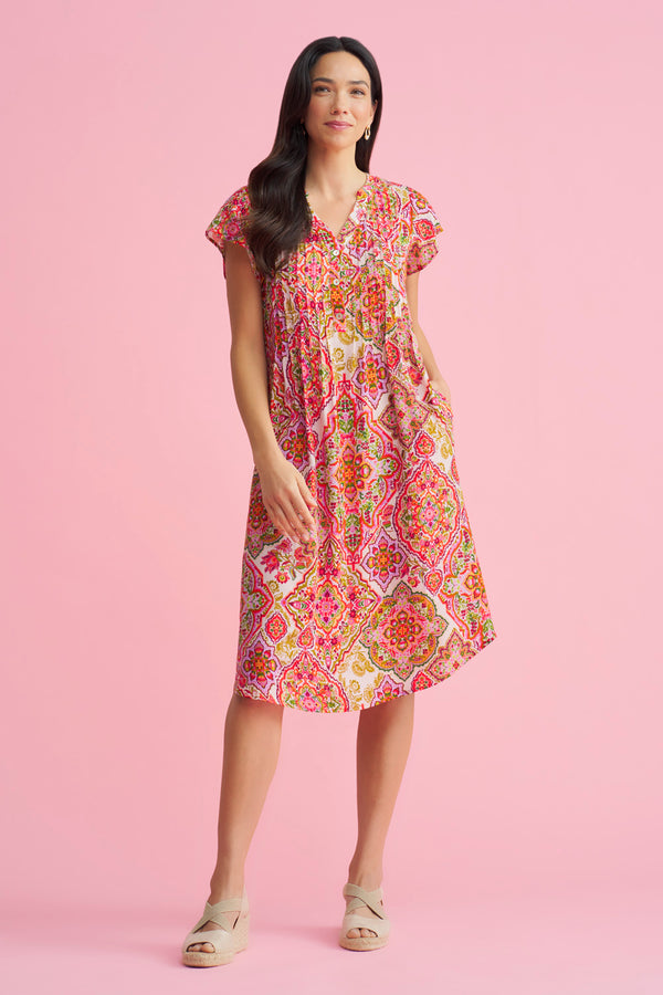 Pleat Front Midi Dress - Pink Tile Print