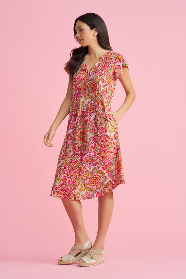 Pleat Front Midi Dress - Pink Tile Print