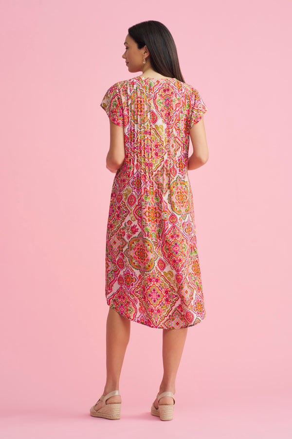 Pleat Front Midi Dress - Pink Tile Print