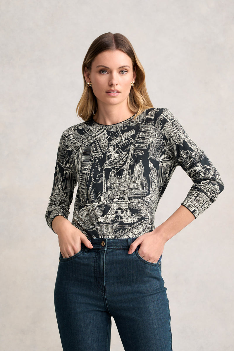Long Sleeve Crew Neck Top - Ink France Capital Print