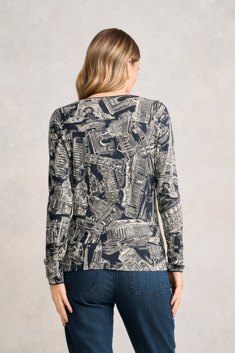 Long Sleeve Crew Neck Top - Ink France Capital Print