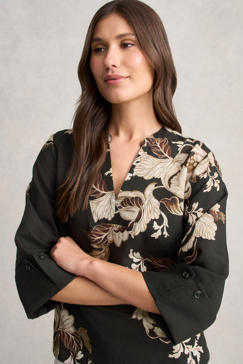 Relaxed Printed Blouse - Black Foliage Print
