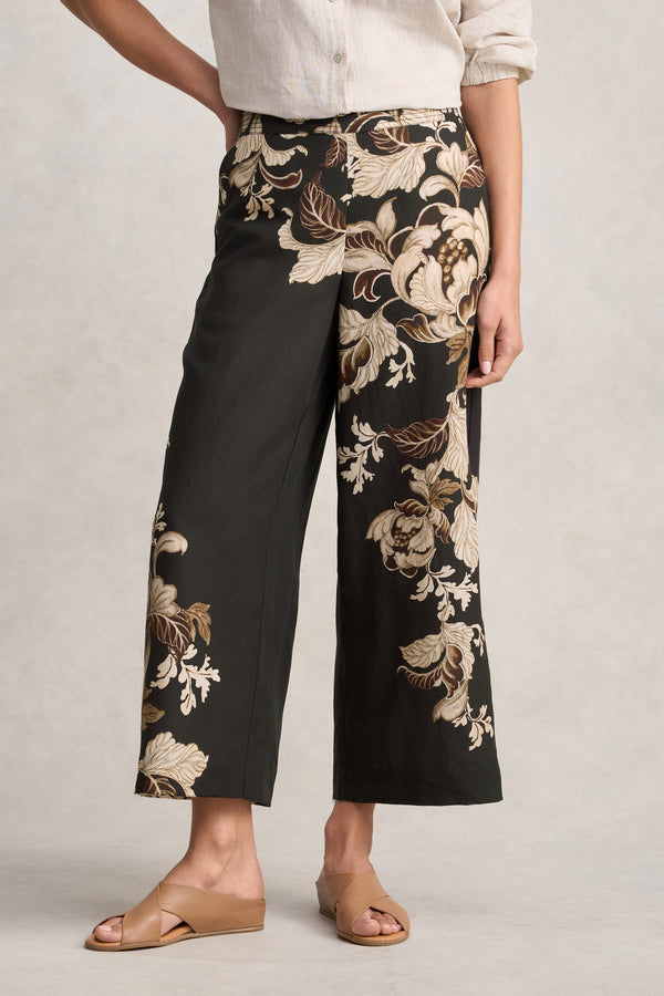Printed Wide Leg Pant - Black Foliage Print