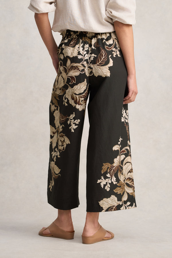 Printed Wide Leg Pant - Black Foliage Print