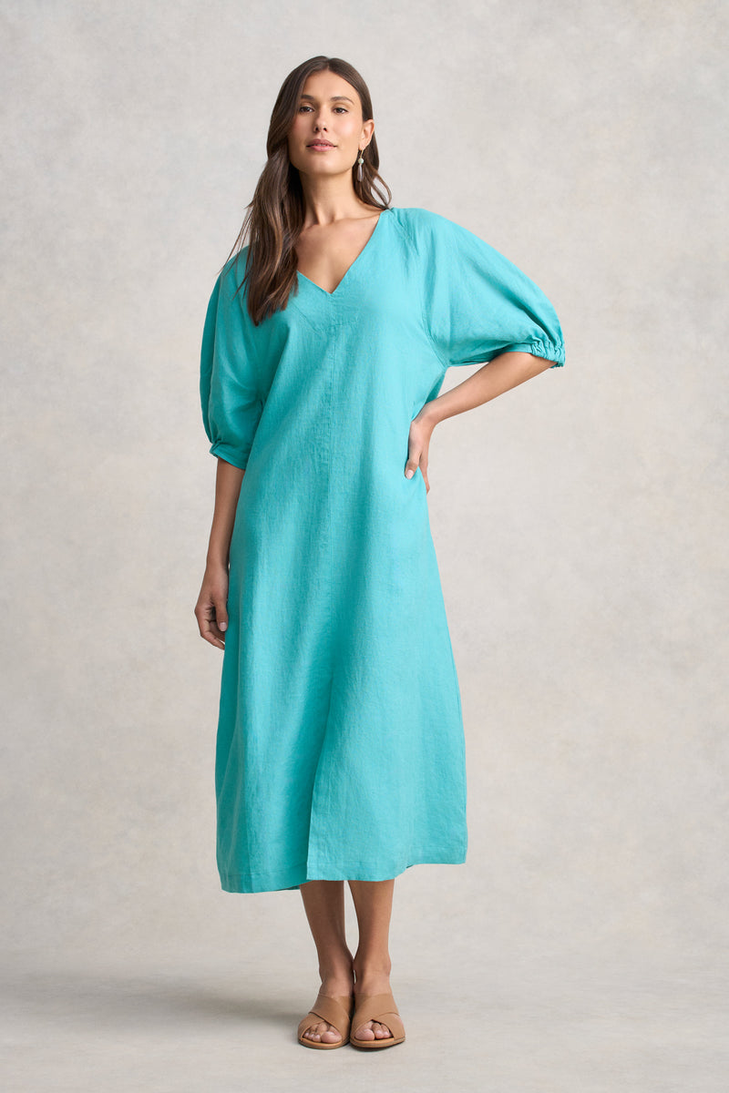 Raglan Sleeve Linen Dress - Aqua Blue