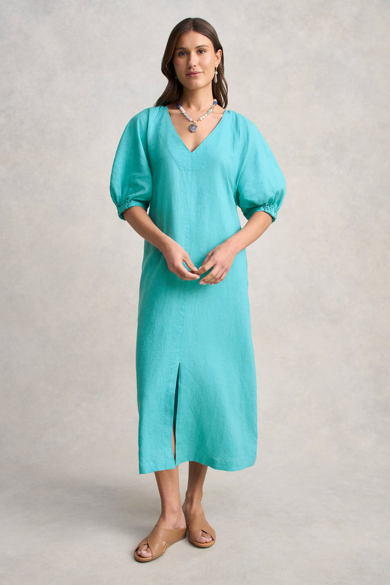 Raglan Sleeve Linen Dress - Aqua Blue