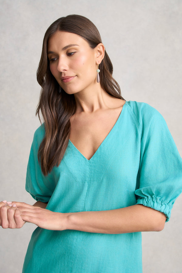 Raglan Sleeve Linen Dress - Aqua Blue