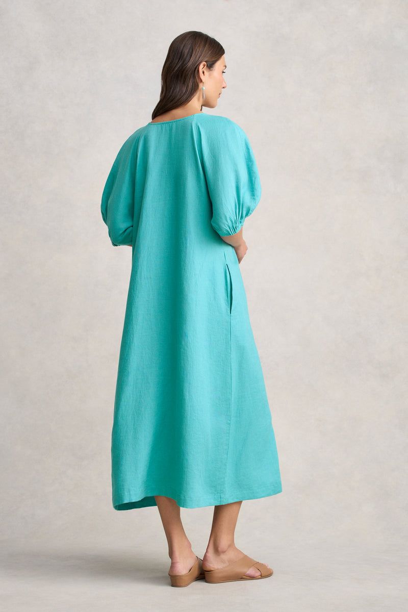 Raglan Sleeve Linen Dress - Aqua Blue
