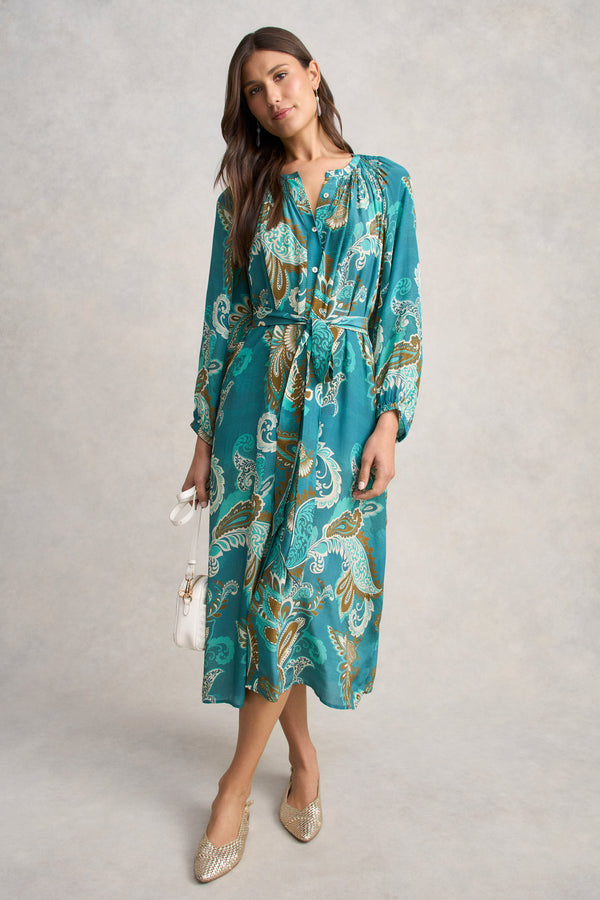 Gathered Trapeze Dress - Vivid Paisley Print