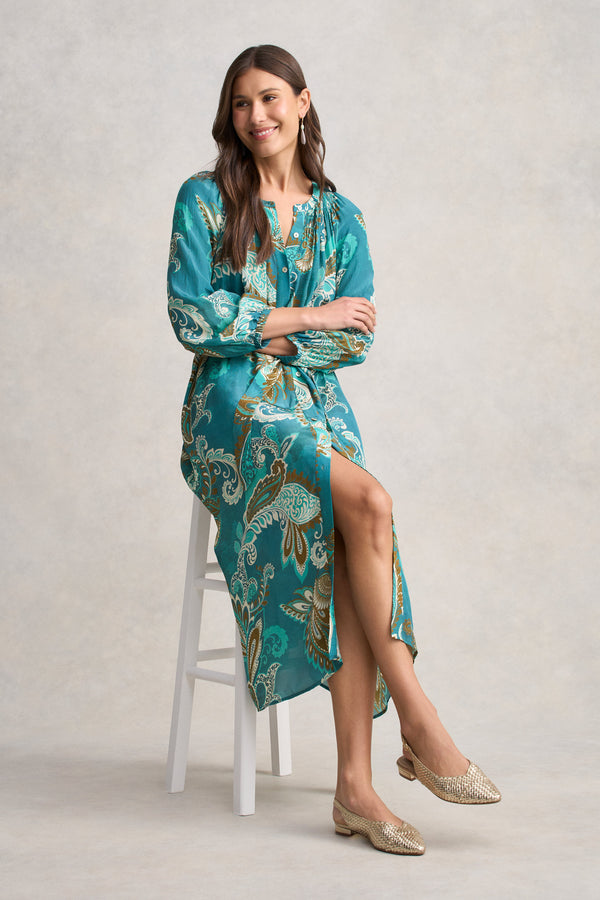 Gathered Trapeze Dress - Vivid Paisley Print