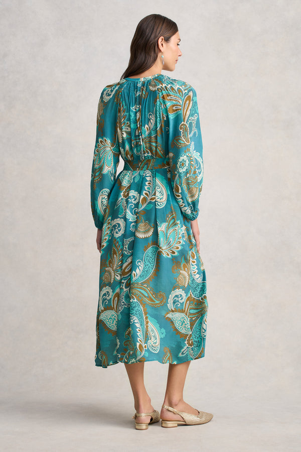 Gathered Trapeze Dress - Vivid Paisley Print