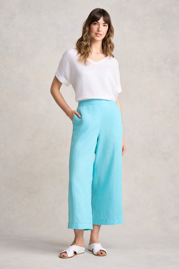 ANKLE LENGTH LINEN WIDE LEG PANT - BLUE LAKE 