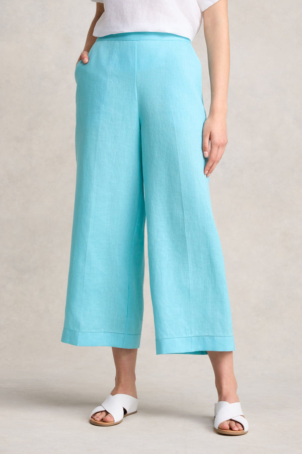 ANKLE LENGTH LINEN WIDE LEG PANT - BLUE LAKE 