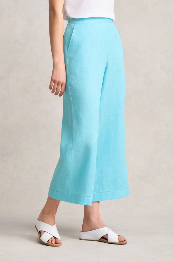 ANKLE LENGTH LINEN WIDE LEG PANT - BLUE LAKE 